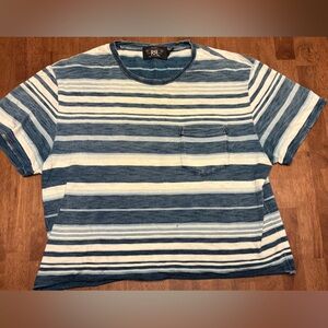 RRL Distressed Blue and White Striped T-Shirt
